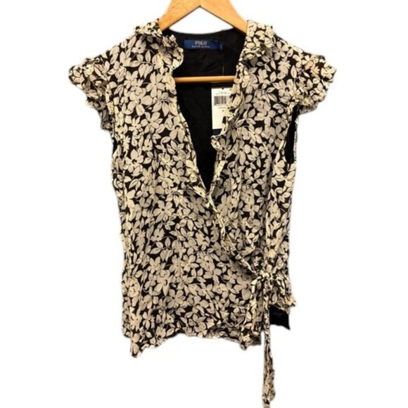 Polo Ralph Lauren Blouse Women’s Cream Black Floral Wrap Short Sleeve Top 0 NWT - Picture 1 of 7